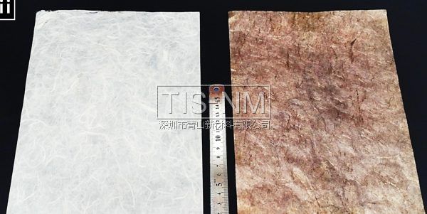 左邊為一般紙張，右邊為嵌入金屬納米粒子的導電紙